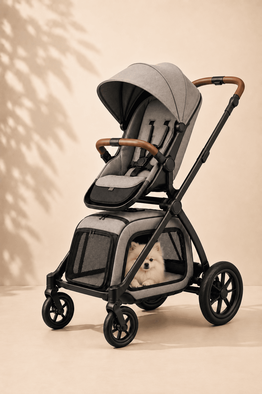 BABY + DOG の構成。上段にベビーシート、下段にドッグキャビンを備え、下段のキャビンにポメラニアンが乗っている。
