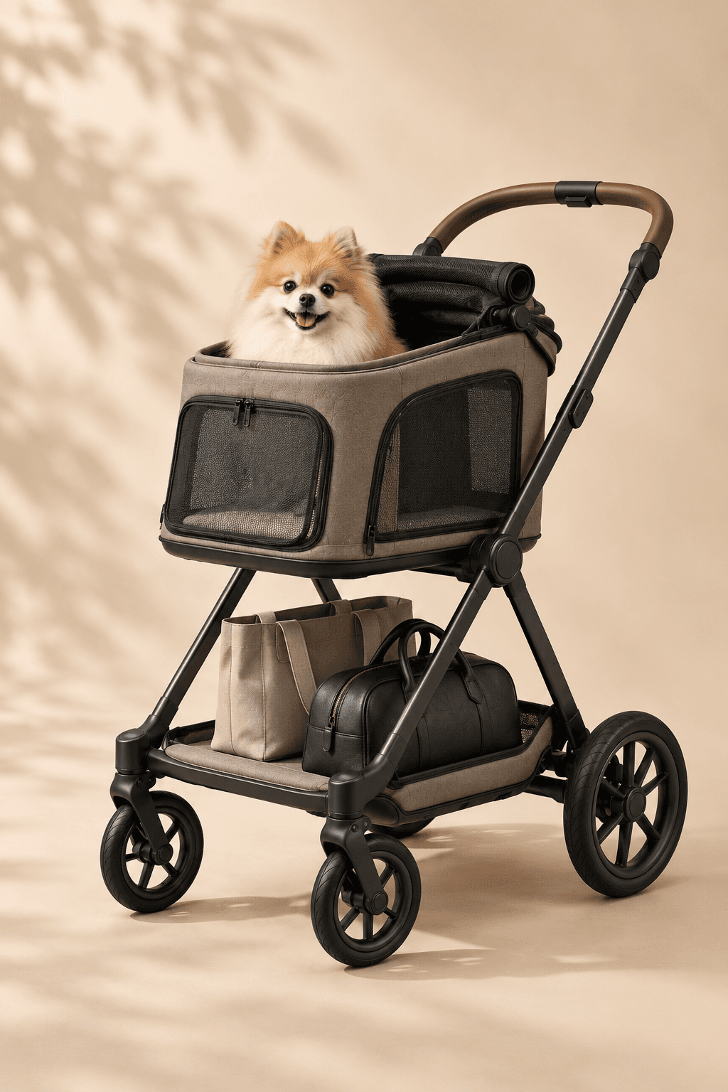 PET MODE の構成。上段がドッグキャビン／ペットコットになり、ポメラニアンが乗っている。下段はオープンデッキで荷物を積んだ状態。